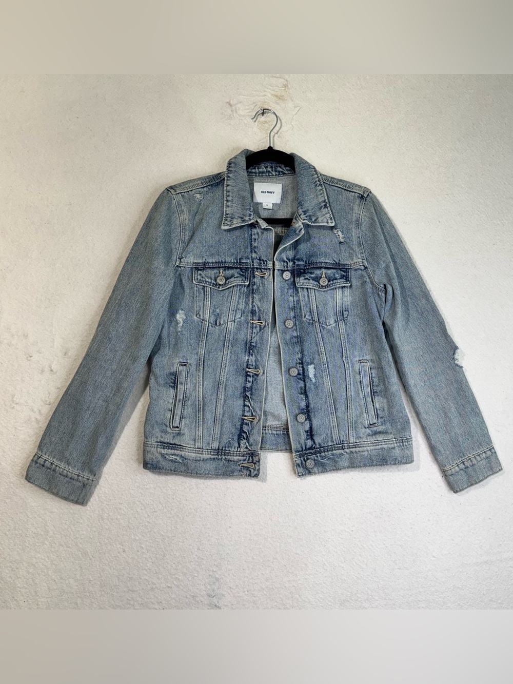 Old Navy Light-Wash Blue Distressed Denim Jean Jacket Womens Medium Frayed Faded